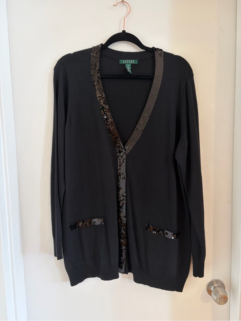 Ralph Lauren Black Sequin-Trim V-Neck Cardigan 1X